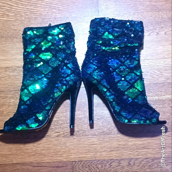 QUPID Sequin Ankle Boots - Sparkling Blue And Green Rhinestones - Picture 8 of 11